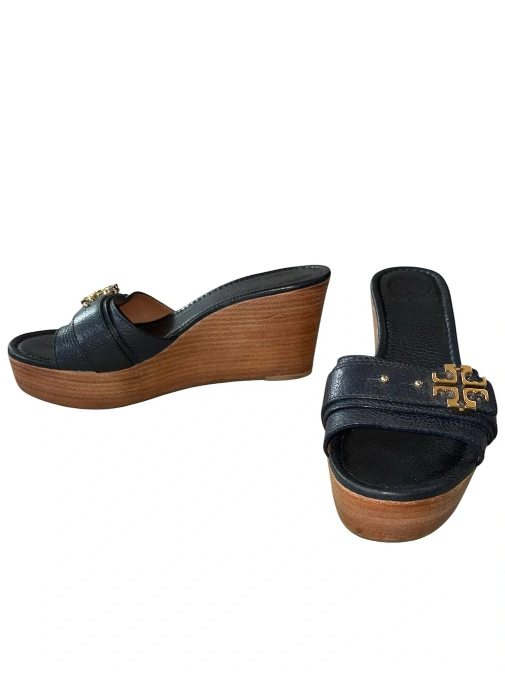 Tory Burch Elina Black Leather Gold Logo Plstform Wedge Sandals - 8.5
